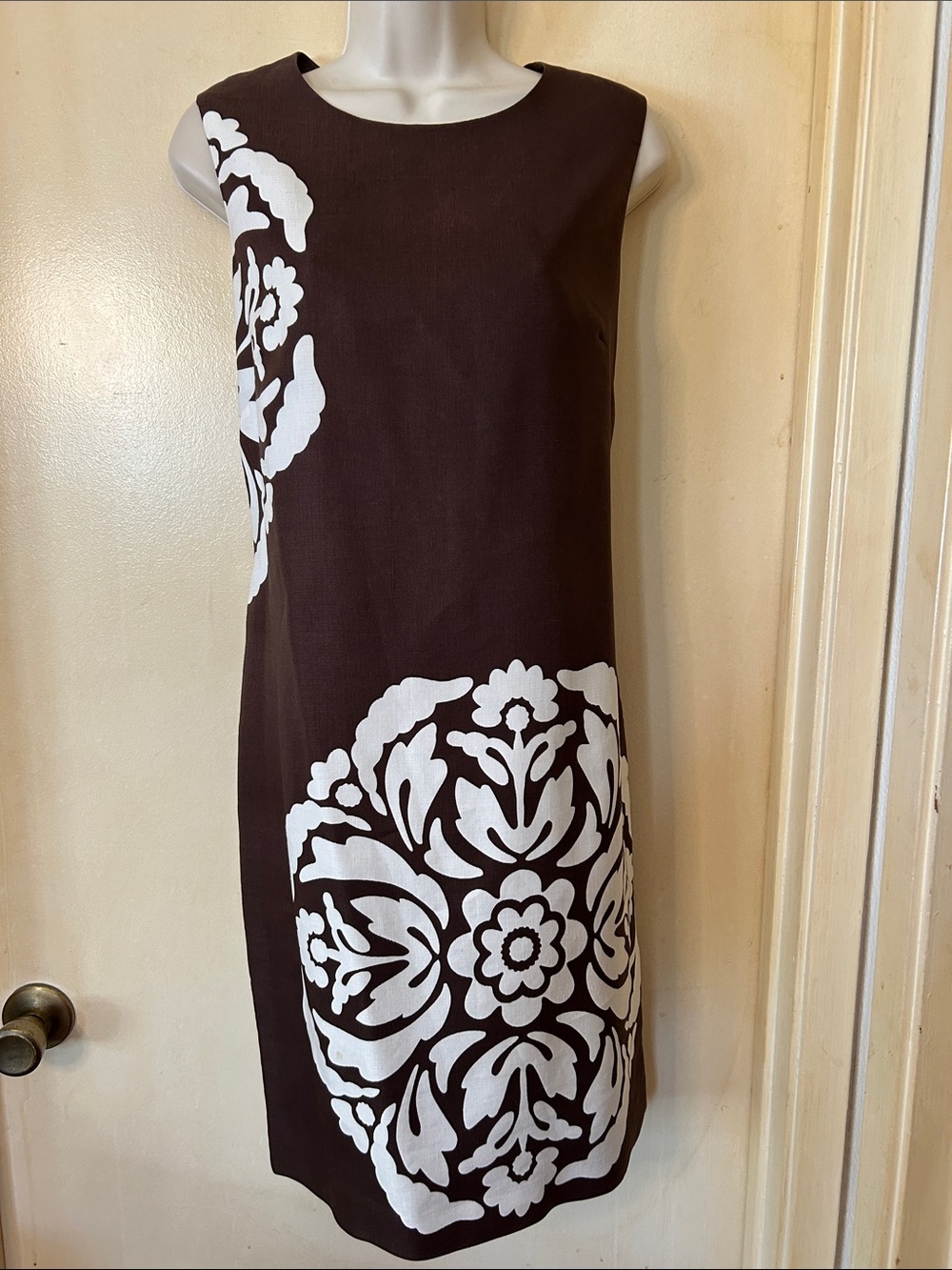 Just...Taylor Brown Silk/Linen Dress with White Floral Medallion size 12